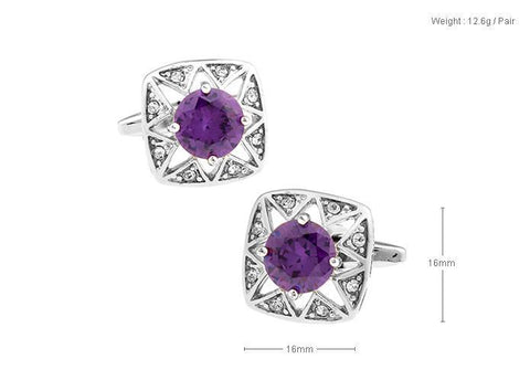 Purple Crystal Silver Metal Cufflinks For Men's