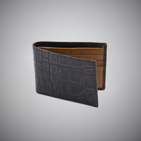 Dark Brandy Wine Crocodile Skin Embossed Calf Leather Wallet With Tan Suede Interior - justwhiteshirts