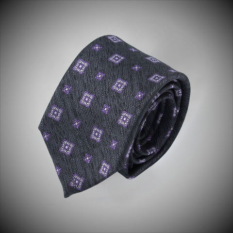 Grey Ground With Square Purple Medallions Woven Silk Tie - justwhiteshirts