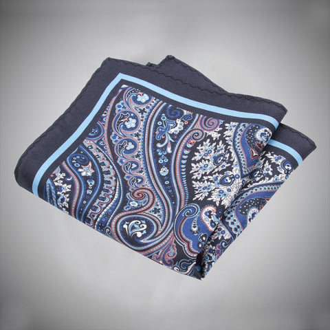 Navy Sky Border With Blue Orange Paisley Pattern Silk Pocket Square - justwhiteshirts