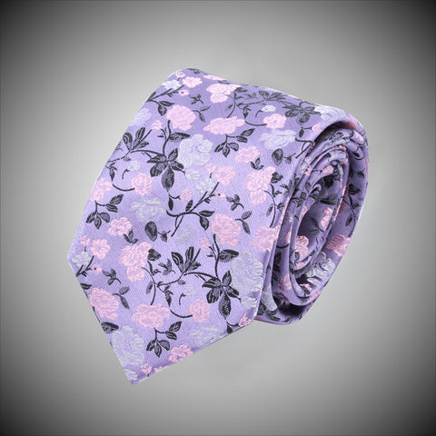 Lavander Ground With Pink White Floral Pattern Woven Silk Tie - justwhiteshirts