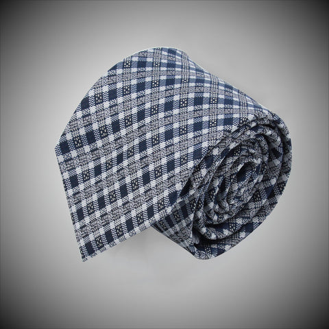 Navy White Textured Check Pattern Woven Silk Tie - justwhiteshirts