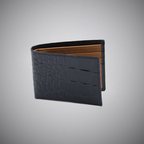 High Gloss Black Crocodile Embossed Calf Leather Wallet With Tan Suede Interior - justwhiteshirts