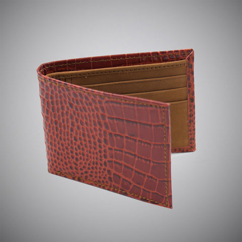 Oxblood Crocodile Embossed Calf Leather Wallet With Tan Suede Interior - justwhiteshirts