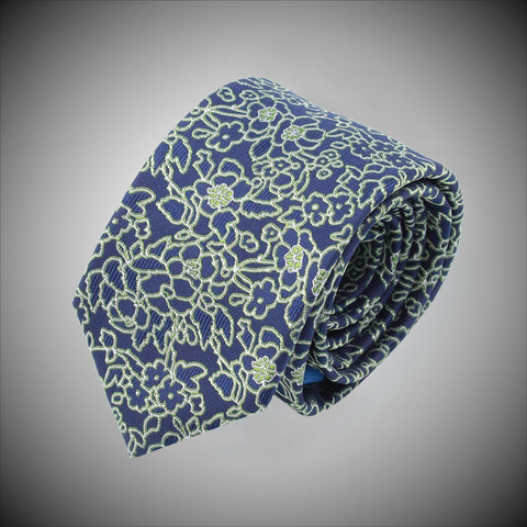 Navy Ground With Green Floral Pattern Woven Silk Tie - justwhiteshirts