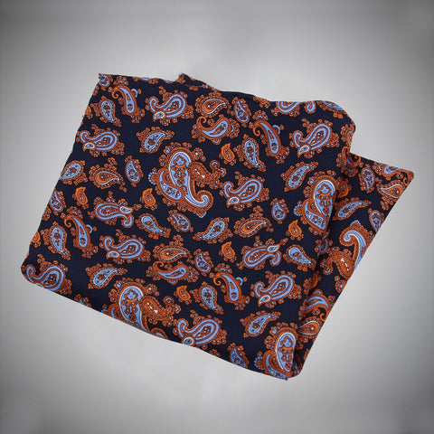 Navy Ground With Orange Sky Blue Paisley Pattern Silk Pocket Square - justwhiteshirts