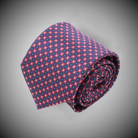 Navy Ground With Red White Neat Pattern Woven Silk Tie - justwhiteshirts