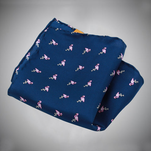 Navy Ground With Pink Flamingos Silk Pocket Square - justwhiteshirts