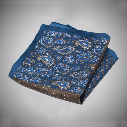 Blue Brown Paisley Neat Pattern Four Panel Silk Pocket Square - justwhiteshirts