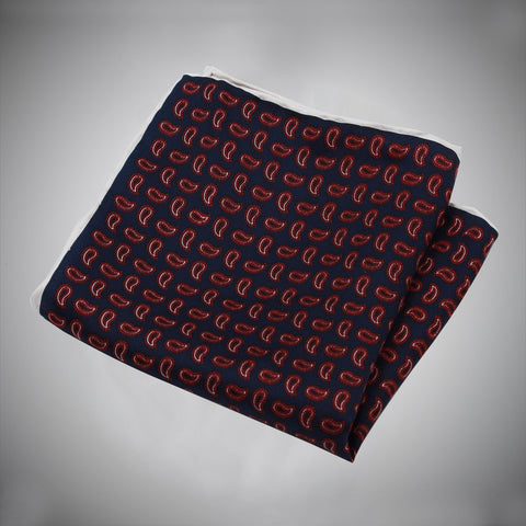 Navy Ground With Red White Paisley Pattern Silk Pocket Square - justwhiteshirts