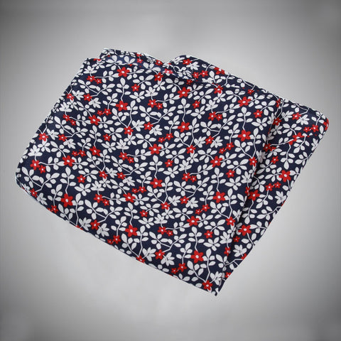 Navy Ground With Red Flowers White Leaf Pattern Silk Pocket Square - justwhiteshirts