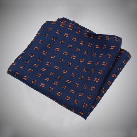 Navy With Orange Floral Medallion Silk Pocket Square - justwhiteshirts