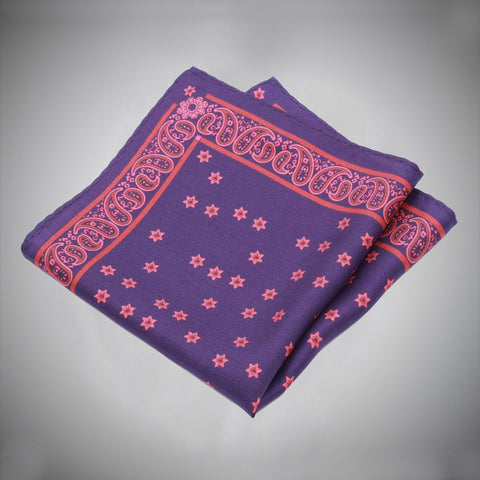 Purple Ground With Red Pink Paisley Border And Floral Center Silk Pocket Square - justwhiteshirts