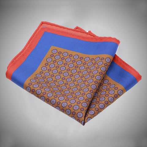 Red Blue Border Brown Ground With Blue Medallion Pattern Silk Pocket Square - justwhiteshirts