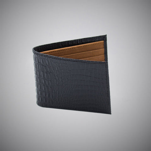 Black Crocodile Skin Embossed Calf Leather Wallet With Tan Suede Interior - justwhiteshirts
