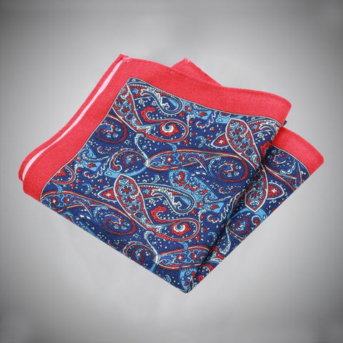 Red Border With Blue Red Paisley Pattern Silk Pocket Square - justwhiteshirts