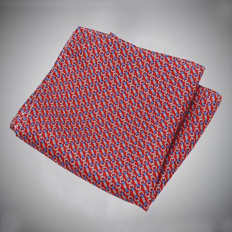 Red Ground With Blue White Chain-link Pattern Silk Pocket Square - justwhiteshirts