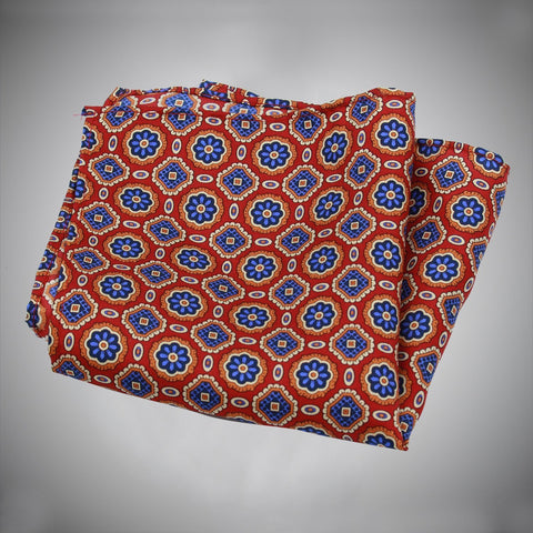 Red Ground With Blue Floral Medallion Pattern Silk Pocket Square - justwhiteshirts