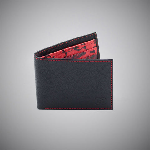 Black Embossed Calf Leather Wallet With Red Stitching And A Red And Black Embossed Leather Interior - justwhiteshirts
