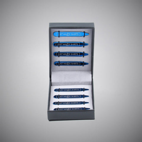 Blue Chrome Stainless Steel 8 Piece Collar Stay Gift Set In Box - justwhiteshirts