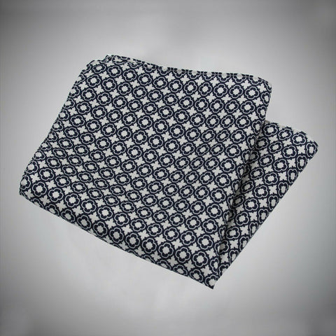 JWS Black Ground With White Medallion Pattern Silk Pocket Square