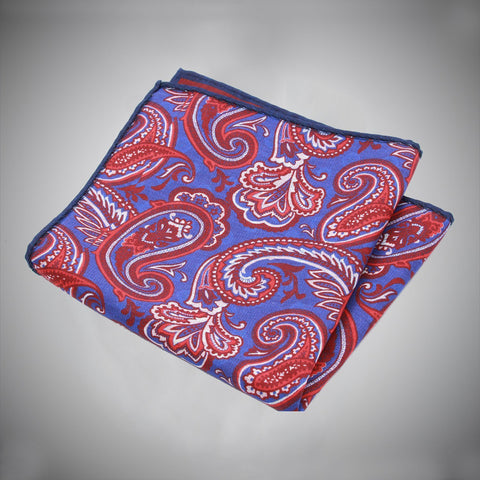 Blue Ground With Red Maroon Paisley Pattern Double Sided Silk Cotton Pocket Square - justwhiteshirts