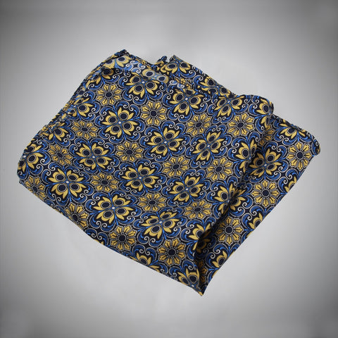 Blue Ground With Yellow Floral Medallion Pattern Silk Pocket Square - justwhiteshirts