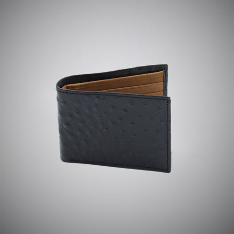 Black Ostrich Skin Embossed Calf Leather Wallet With Tan Suede Interior - justwhiteshirts